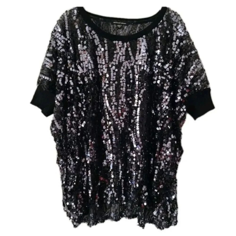 MICHAEL SIMON STUDIO Black Blouse Sequin Detail Loose-Fit Tunic Top Size L